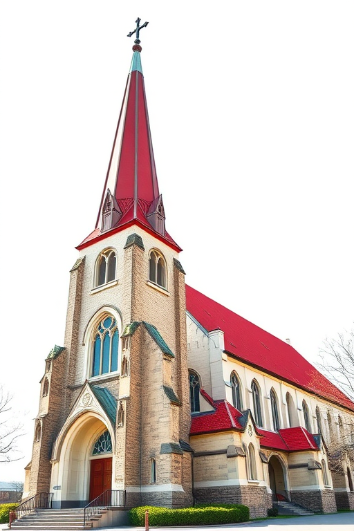 Generate a detailed vector illustration of a church with a tall spire and red roof, using a DSLR camera with f/2.8 aperture, ISO 100, and a 50mm lens, taken from a low angle viewpoint in natural light to enhance clarity and color vibrancy.