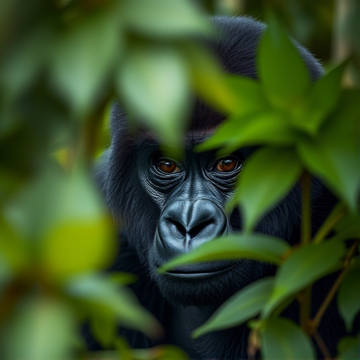 wild gorilla partially hidden in dense foliage, soft focus on surrounding leaves, sharp focus on gorilla's eyes, Canon EOS R5, 85mm f/1.2 lens, ISO 200, aperture f/2.8, 1/500 sec, natural light, portrait orientation, shallow depth of field
