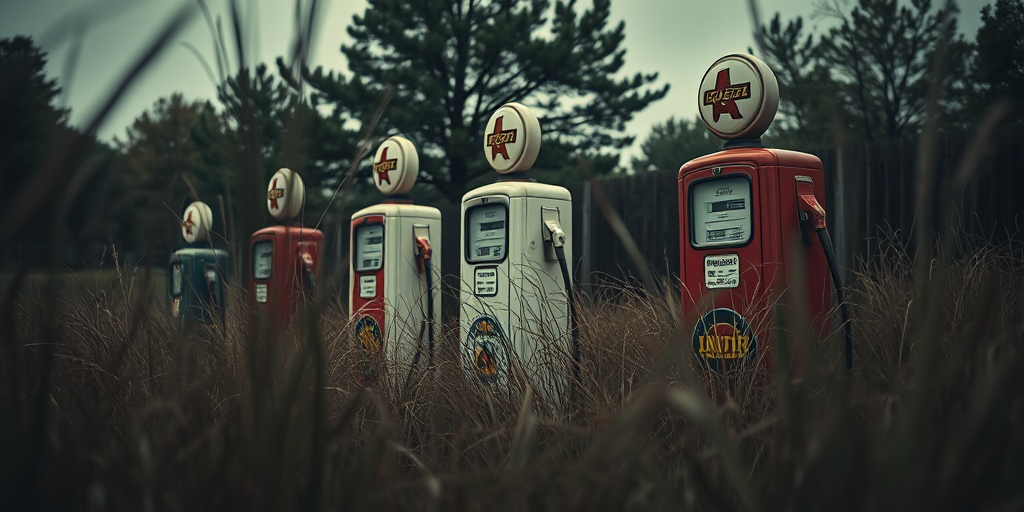 vintage gas station pumps surrounded by overgrown grass, moody atmosphere, soft focus, natural lighting, 50mm lens, f/1.8 aperture, ISO 100, taken with a DSLR camera, low angle view, post-processed for high contrast and clarity