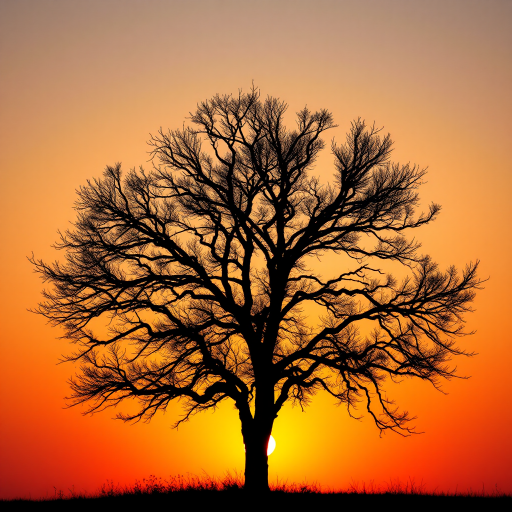 Generate a high-resolution vector image of a minimalistic tree silhouette against a vibrant sunset background, using a Canon EOS R5 with a 50mm f/1.2 lens, ISO 100, aperture f/2.8, shutter speed 1/250s for sharp details and rich colors, capturing a wide-angle view for expansive scenery.