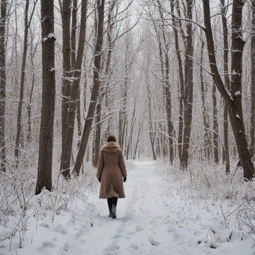 Winter forest blanketed in snow, bare branches heavy with ice, a woman in a fur-lined coat walks through the silent landscape, leaving fresh footprints behind.