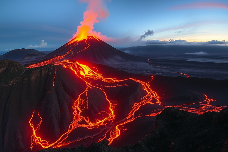 Capture a dramatic volcanic eruption with molten lava flowing down the slopes, using a Canon EOS R5, 24mm lens at f/8, ISO 200, 1/125 sec, with a low-angle view at twilight for vibrant colors and enhanced detail.