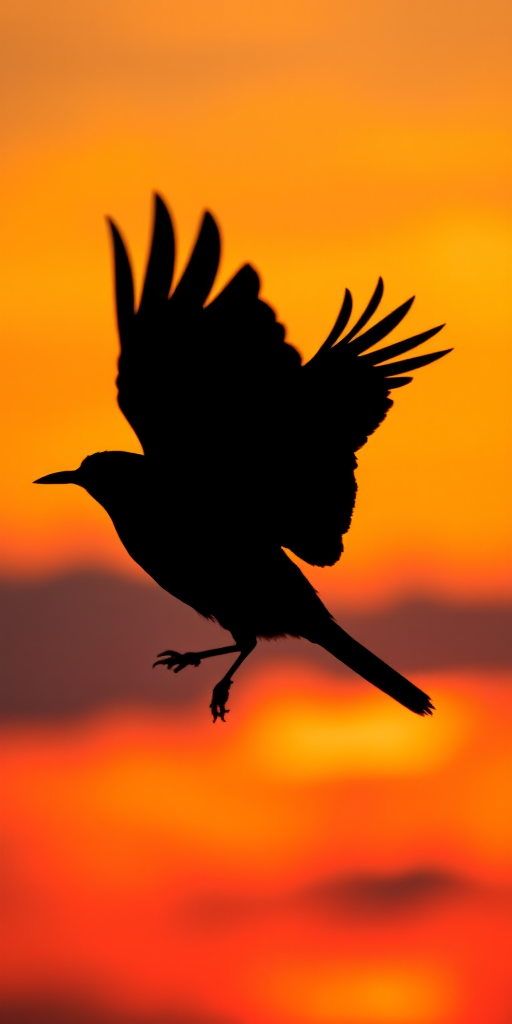 Create a vibrant, high-resolution silhouette of a bird in motion against a colorful sunset background, shot with a Canon EOS R5 at f/4, ISO 200, Shutter Speed 1/500s, in a wide-angle view, using a dramatic lighting style to enhance details.