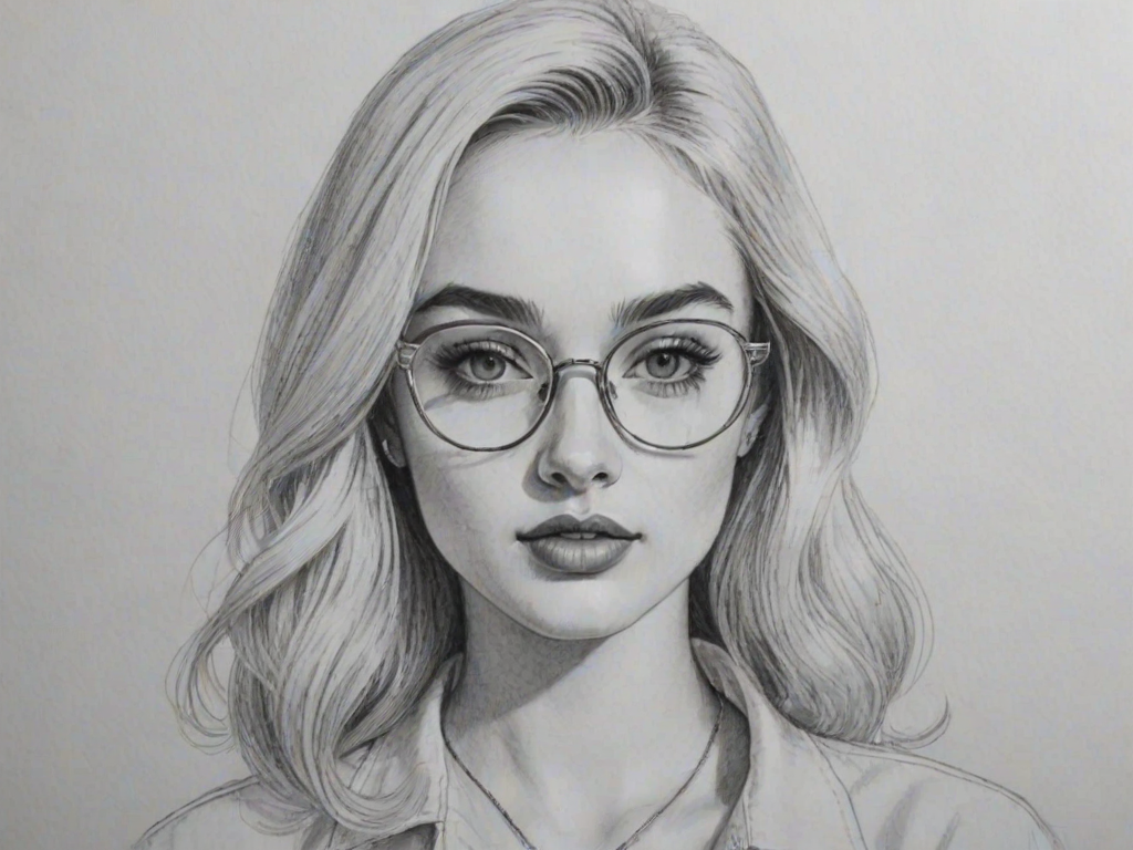 Wonderful Kim Petras, pencil sketch, portrait of Resplendent woman 1956s in glasses, hair style beatnik, outline, clear lines, fine lines, 8k