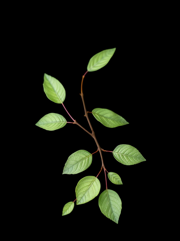 Create a high-resolution watercolor illustration of a delicate green leaf branch on a solid black background, using a DSLR camera with a 50mm lens at f/1.8 for a shallow depth of field, shot from a top-down perspective to capture the intricate details of the leaves.