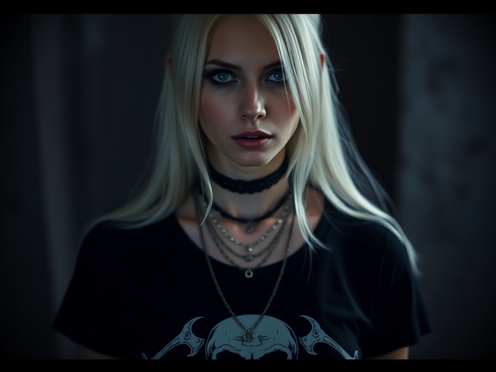A moody portrait of a gothic woman with long white hair, wearing a skull graphic tee and layered necklaces, emphasizing dark, dramatic lighting; camera settings: ISO 100, f/1.8, 1/200s; camera view: close-up; camera style: cinematic; camera type: DSLR.