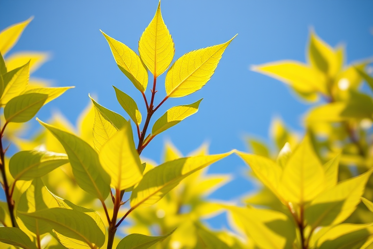 Capture a close-up of vibrant green and yellow leaves against a blue sky using a DSLR camera with an aperture of f/4, ISO 200, shutter speed 1/250s, in natural light, with a shallow depth of field for a soft background blur.
