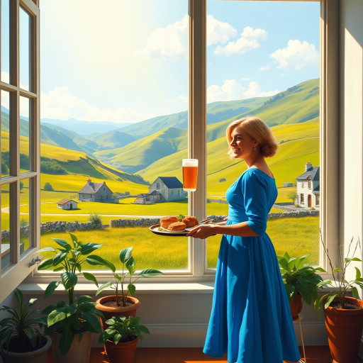 In "A Glass of Beer on the Highland," a serene scene is depicted in a sunlit room where a woman in a vibrant blue dress stands by a large window. She holds a tray with a hearty meal and a frothy glass of beer, embodying a moment of relaxation. Outside, the breathtaking highland landscape features rolling green hills and a charming traditional house, all bathed in warm afternoon light. The interior is adorned with potted plants, creating a harmonious blend of comfort and nature. The painting beautifully captures the tranquility and joy found in simple pleasures amidst stunning scenery