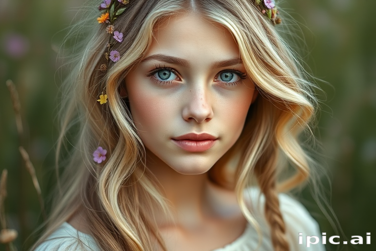 Create an image of a young woman with long, wavy blonde hair, adorned with small, colorful flowers woven into her braids and loose strands. Her complexion is fair, with soft, glowing skin, and she has light blue eyes that gaze softly at the viewer. She wears a light, flowing dress with a gentle, ethereal quality, complementing her delicate and serene appearance. The background is slightly blurred, drawing focus to her tranquil expression and the intricate details of the flowers in her hair. The overall mood of the image is one of natural beauty and grace, evoking a sense of peacefulness and connection with nature.