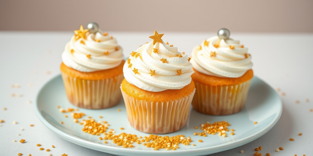 Three beautifully decorated cupcakes with swirls of white frosting topped with golden star sprinkles and silver balls on a light blue plate surrounded by scattered sprinkles. The background is soft and neutral.
