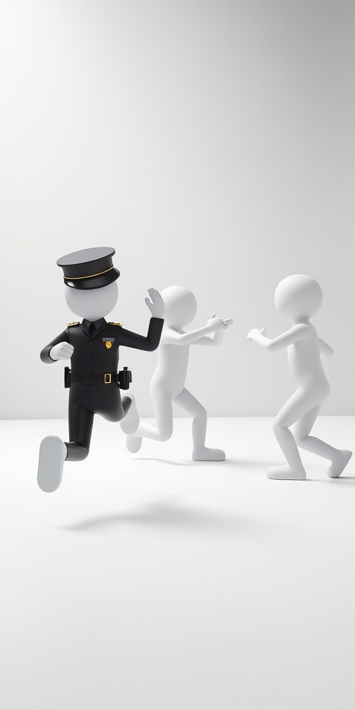 Create an image of three stylized white 3D figures in a minimalistic setting: one figure dressed as a police officer in a black hat and uniform, running towards two figures engaged in a tussle, with the officer displaying a hand signal to intervene, use a Canon EOS R6 camera, 24mm lens, aperture set to f/4, ISO 100, and ensure high dynamic range and soft shadows for enhanced image quality.
