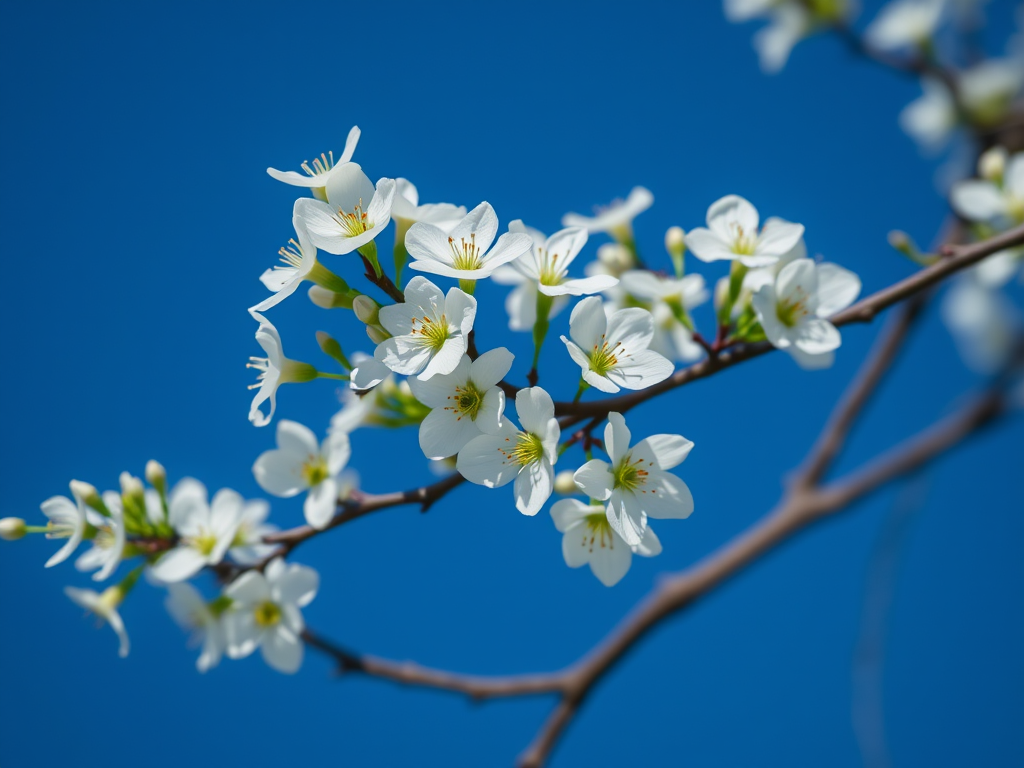 Generate an image of a flowering tree with white blossoms set against a deep blue background, using a DSLR camera with a 50mm lens at f/1.8, 1/2000s shutter speed, ISO 100, balanced composition and vibrant colors.