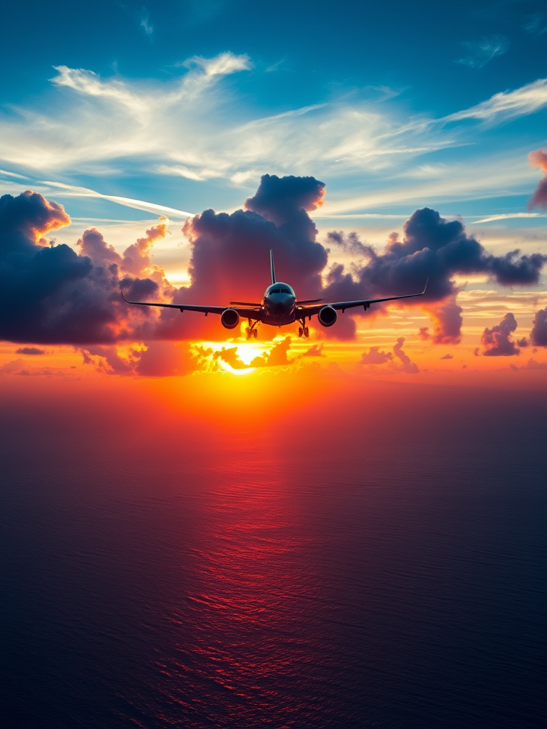 A commercial airplane flying above a vibrant ocean during sunset with dramatic clouds in the background, captured with a DSLR camera, 24mm lens, f/8 aperture, ISO 100, shutter speed 1/200s, aerial view, high-resolution digital photography.