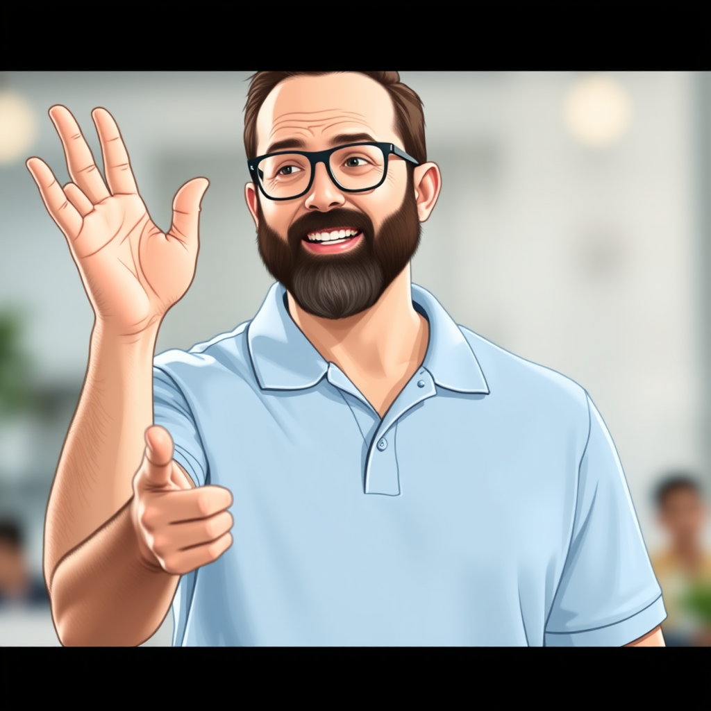Create a high-resolution digital illustration of a man with a beard and glasses, wearing a light blue polo shirt, gesturing with one hand raised and the other pointing, using a DSLR camera at 50mm, f/1.8 aperture, ISO 100, in soft natural lighting and a shallow depth of field for background blur.
