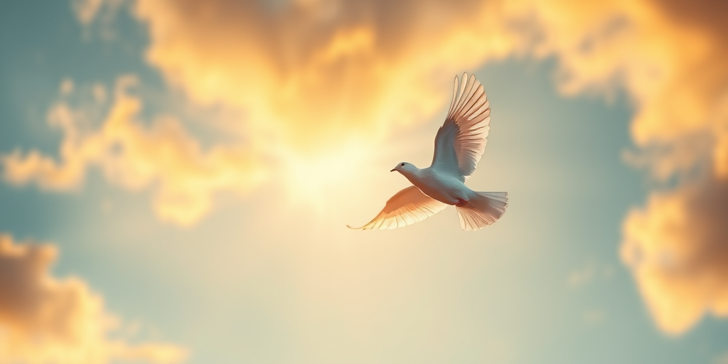 A white dove soaring against a vibrant sky, illuminated by golden rays of light, captured with a Canon EOS R5 at f/2.8, 1/2000 sec, ISO 100, from a low angle perspective with a soft focus background for a dreamy effect.