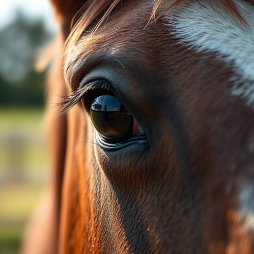 Close-up of a horse's eye with soft focus background, f/2.8 aperture, 50mm lens, natural light, shallow depth of field, DSLR camera, portrait orientation.