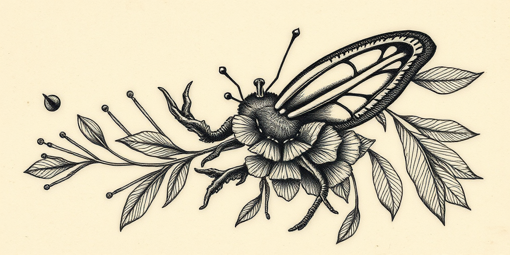 Etching style tattoo called "Vintage Engraving" resembling an intricate woodcut or copper plate illustration, with fine lines and crosshatching creating depth and texture, inspired by scientific and botanical drawings from the Victorian era