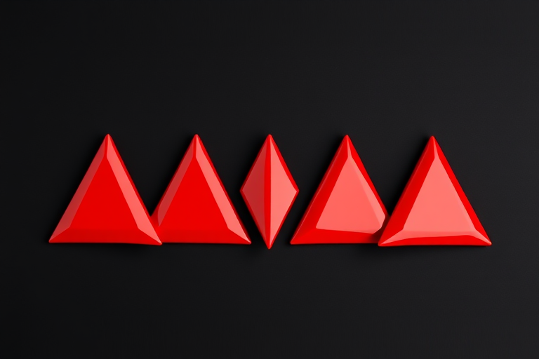 Create an image of five glossy red triangular shapes arranged in a diagonal pattern against a black background, taken with a Canon EOS R5 at f/8, ISO 100, 1/125 sec, with a macro lens for sharp detail and vibrant colors, using a softbox for even lighting.