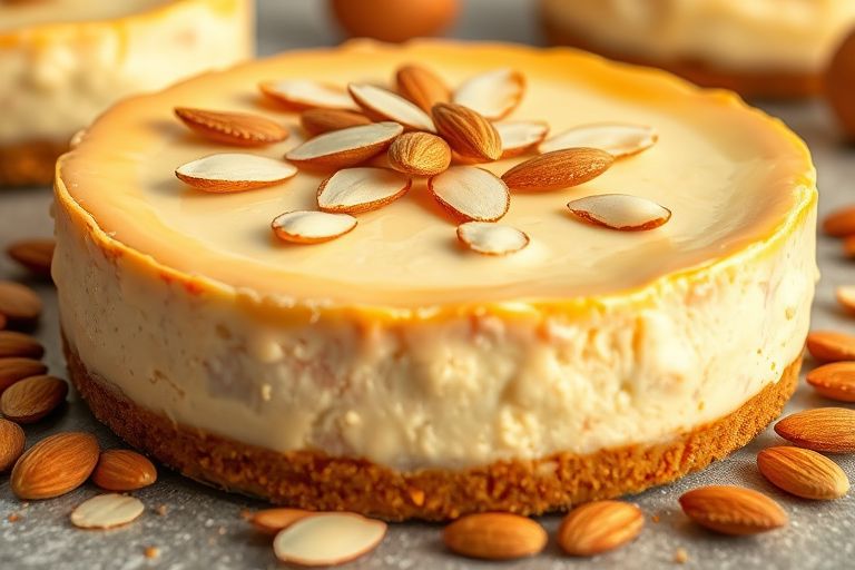 Create an image of a delicious cheesecake with a golden brown crust topped with sliced almonds. The cheesecake should have a creamy texture and a few almond slices scattered around it. The scene should be well-lit, highlighting the textures and colors of the dessert, giving it an inviting and appetizing appearance.