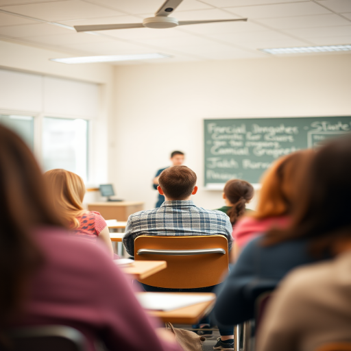 Create an image of a teacher in a classroom with students attentively listening, soft natural lighting, depth of field focus on the teacher, f/2.8 aperture, ISO 100, 50mm lens, shot in a warm color palette with a high-resolution digital camera.