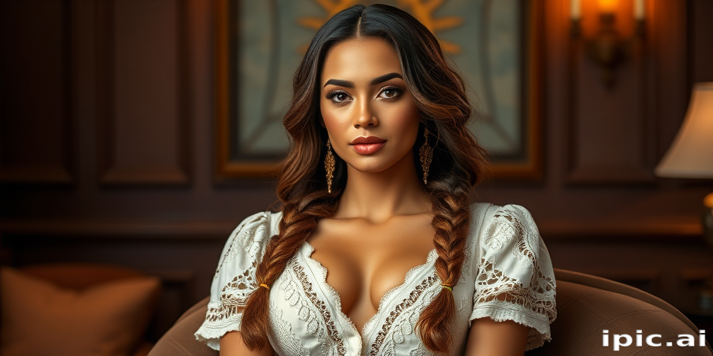 Create a portrait of a refined and elegant woman seated in a sophisticated setting. She has long, wavy hair styled in two thick braids that are pulled over her shoulders. She wears a white, lace gown with intricate patterns, featuring a deep V-neckline and short sleeves. The dress exudes a vintage charm with its delicate lacework. She is adorned with ornate, dangling earrings that add a touch of glamour to her appearance. The background is softly lit, with warm, ambient lighting that creates a cozy and inviting atmosphere. Her expression is poised and serene, capturing a sense of grace and elegance.