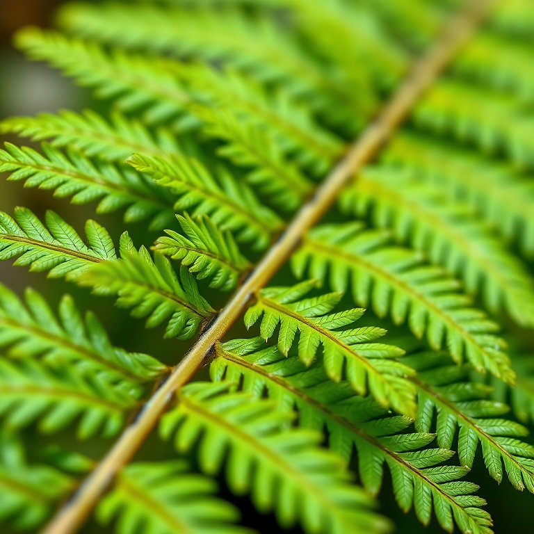 Create a high-resolution image of a fern leaf with vibrant green colors, using a macro lens, f/2.8 aperture, 50mm focal length, natural lighting, and a shallow depth of field to highlight the intricate details of the leaf.