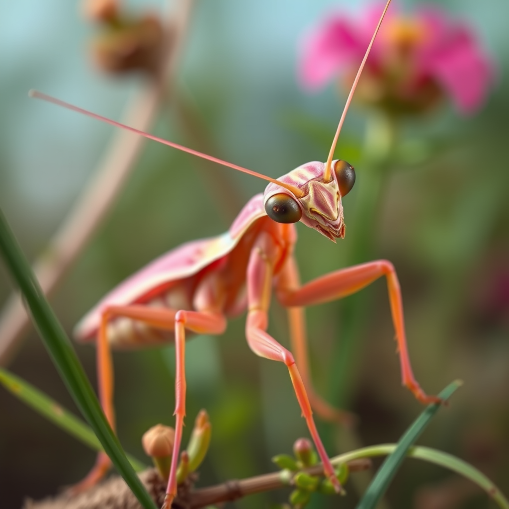 Create a highly detailed illustration of a pink mantis in a natural setting, using a digital painting style, with a focus on vibrant colors and fine textures, capturing a 50mm lens view at f/2.8 for a shallow depth of field and bright, even lighting to emphasize the intricacies of its anatomy.