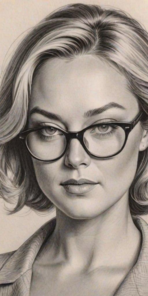 Splendid Elisabeth Rohm, pencil sketch, portrait of Alluring woman 1956s in glasses, hair style beatnik, outline, clear lines, fine lines, 8k