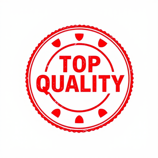 Create a high-resolution circular stamp design with the text "TOP QUALITY" in bold red font inside, using a DSLR camera, 50mm lens, f/1.8 aperture, ISO 100, and natural lighting for clarity and detail.