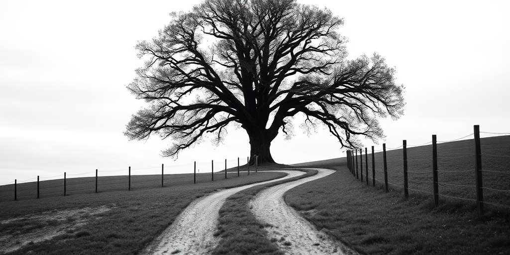 capture a black and white image of a large tree at the end of a winding dirt path surrounded by a fence, with a slight overcast sky, use a Canon EOS 5D Mark IV, 50mm lens, f/8 aperture, ISO 100, shutter speed 1/125s, with a shallow depth of field to enhance the foreground details
