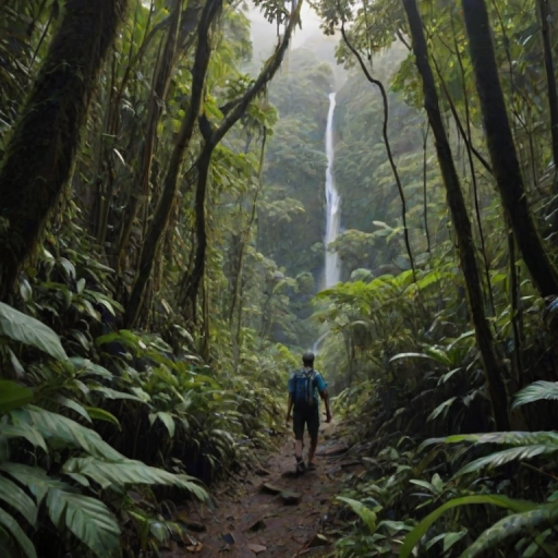 Lone hiker trekking through a dense jungle, surrounded by towering trees, thick vines, and the distant sound of a rushing waterfall.