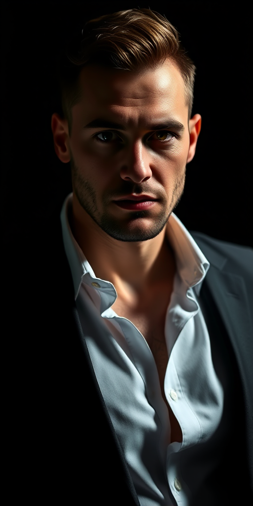 portrait of a confident man in a dark suit with an open shirt, dramatic lighting, high contrast, shallow depth of field, 85mm lens, f/1.8 aperture, ISO 100, natural light, captured with a full-frame DSLR