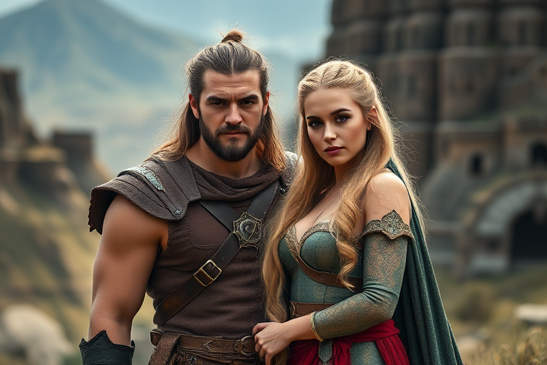 Create a high-resolution fantasy portrait of a strong man and a beautiful woman standing together in an epic landscape, use a Canon EOS R5 with an 85mm lens at f/1.4, ISO 100, and a shutter speed of 1/200s, soft natural lighting with a shallow depth of field to emphasize their detailed costumes and expressions.