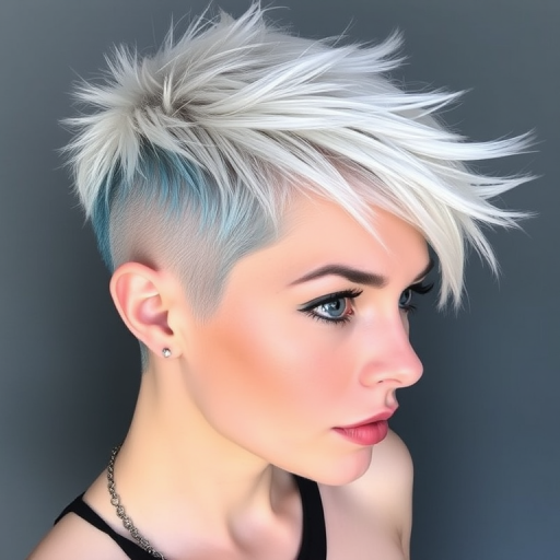 Striking platinum pixie cut with edgy blue highlights, the "Arctic Frost" look showcases sharp angles and a rebellious spirit, perfect for a confident trendsetter