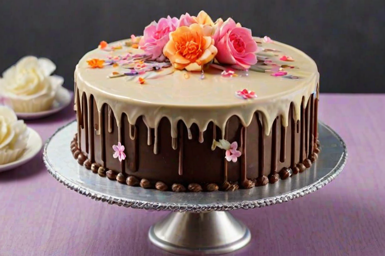 Create an image of a beautifully decorated cake. The cake should have a smooth buttercream finish, topped with a glossy chocolate ganache that drips down the sides. Include decorative piped frosting flowers around the top edge. The cake should be placed on a shiny silver cake board, with a clean and simple background to emphasize the cake's details.