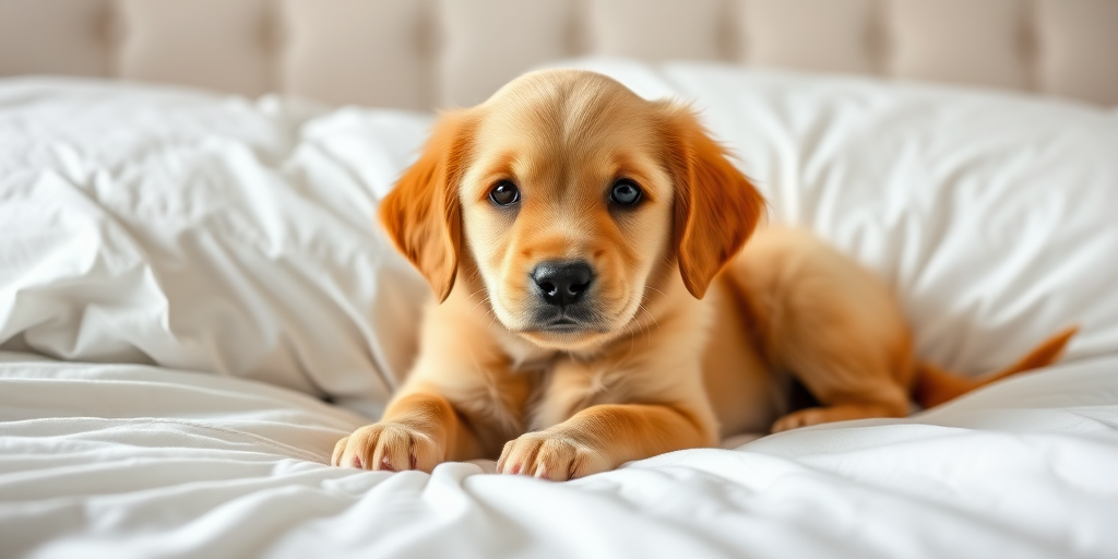 Generate an image of a golden retriever puppy lying on a bed with fluffy white pillows and a soft blanket the puppy has a curious expression and its paws are resting on the blanket the background is softly lit creating a cozy atmosphere