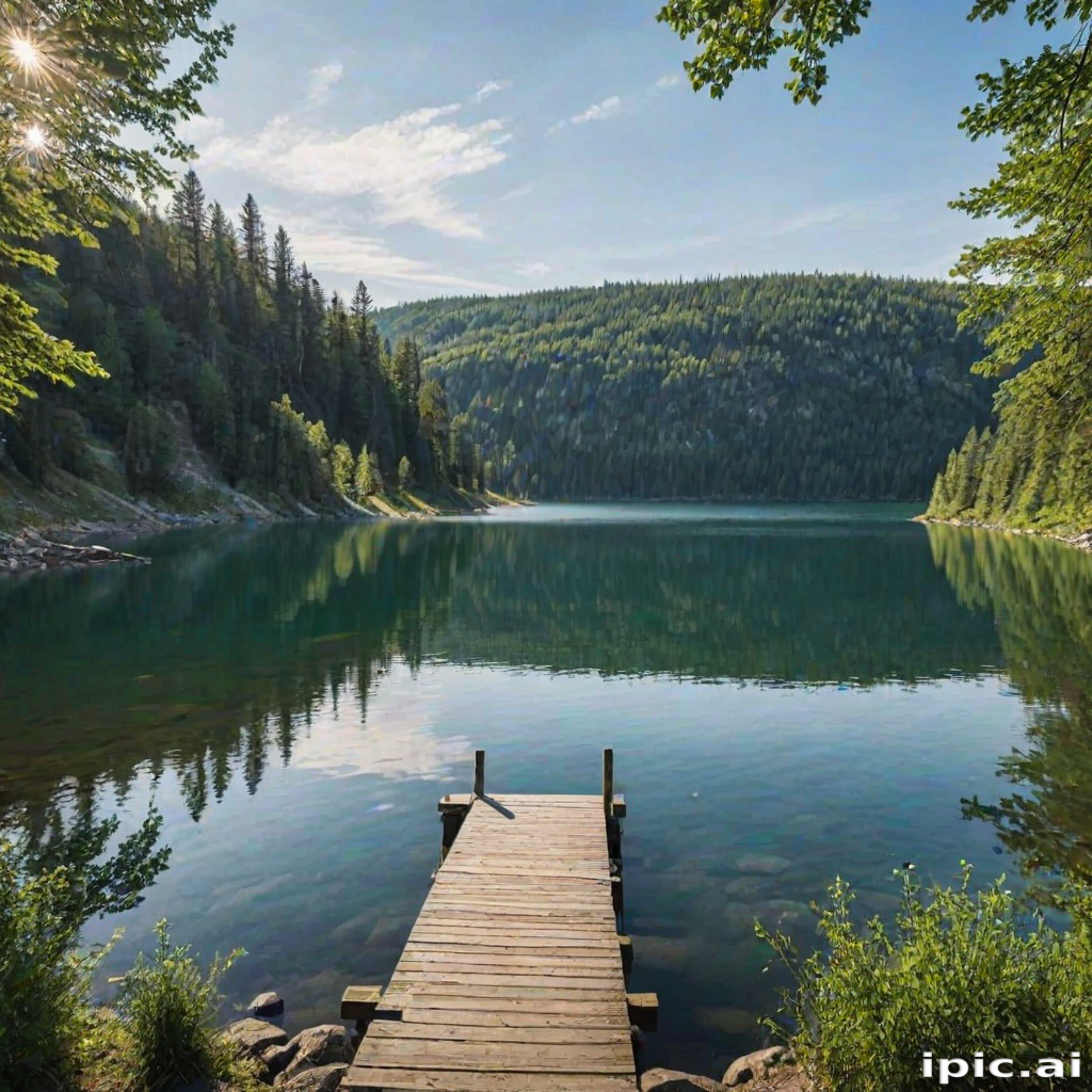 Tranquil Lake Scene with a Wooden Dock Surrounded by Lush Forest