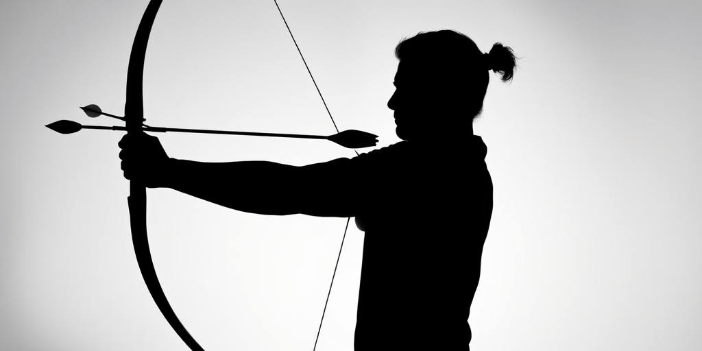 Archery silhouette with arrows, high contrast black and white, dynamic pose, focused expression, studio lighting, 50mm lens, f/2.8 aperture, ISO 100, shot from a slightly low angle to emphasize strength, high-resolution digital capture.
