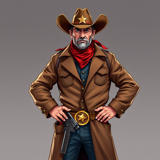 create a highly detailed illustration of a rugged cowboy sheriff with a brown long coat, red bandana, sheriff star, and holstered revolver, standing confidently with hands on hips, utilize a DSLR camera with a 50mm lens, f/2.8 aperture, ISO 100, and a shallow depth of field, focus on capturing vibrant colors and sharp details in a bright studio setting