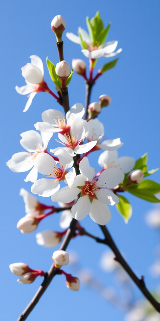 branch with white blossoms against a blue sky background with budding flowers and leaves