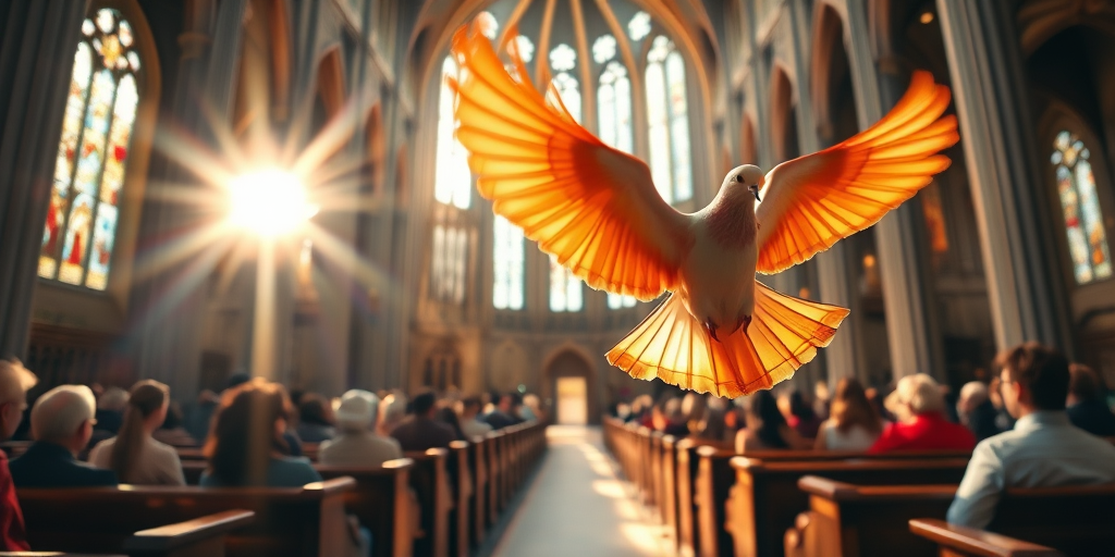 a majestic dove with fiery wings soaring in a grand cathedral filled with sunlight streaming through stained glass windows, worshippers seated in wooden pews, captured with a Canon EOS R5 at f/1.4, ISO 100, 24mm, wide-angle lens, soft focus with high dynamic range lighting