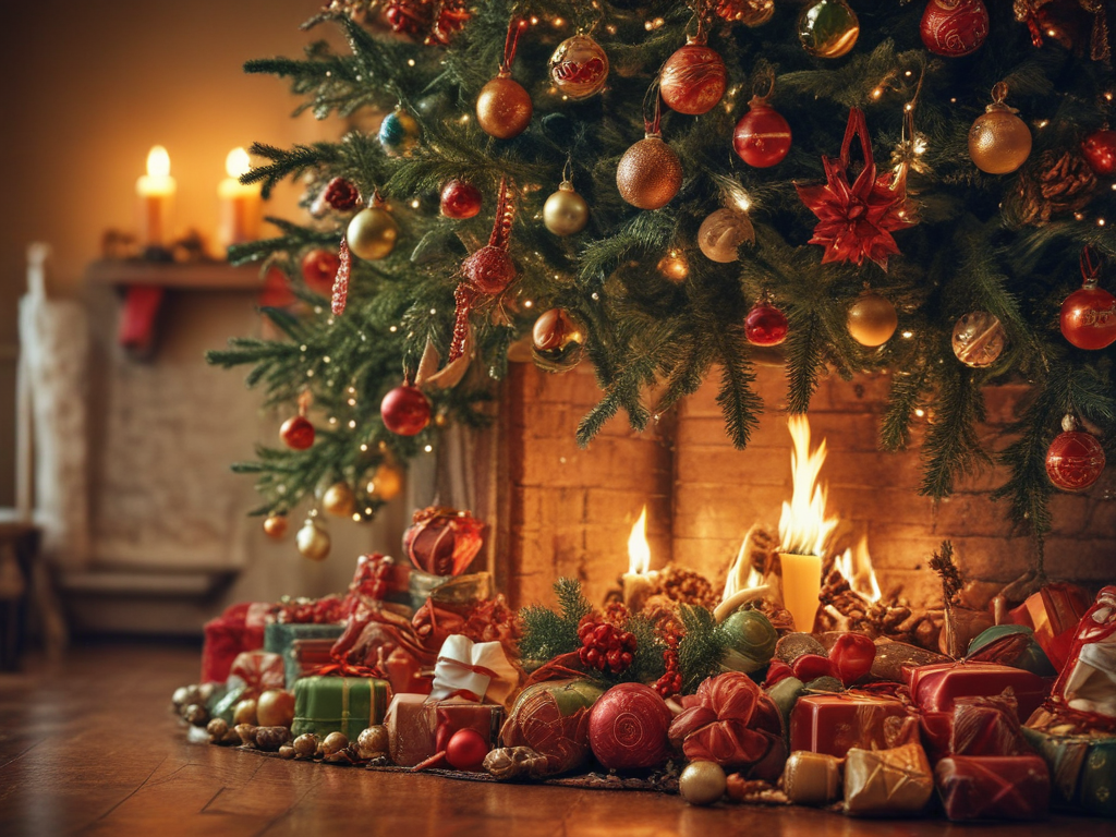 Cozy Christmas Scene with a Beautifully Decorated Tree and Gifts