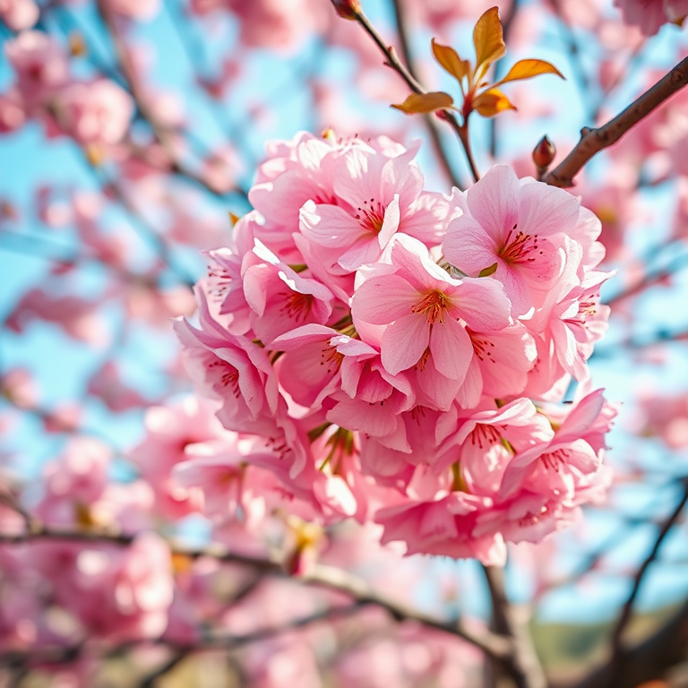 Regenerate a vibrant cherry blossom tree with a focus on rich pink hues and detailed textures, captured with a DSLR camera at f/2.8 aperture, ISO 100, 50mm lens, in soft natural light, showcasing a shallow depth of field against a blurred background.