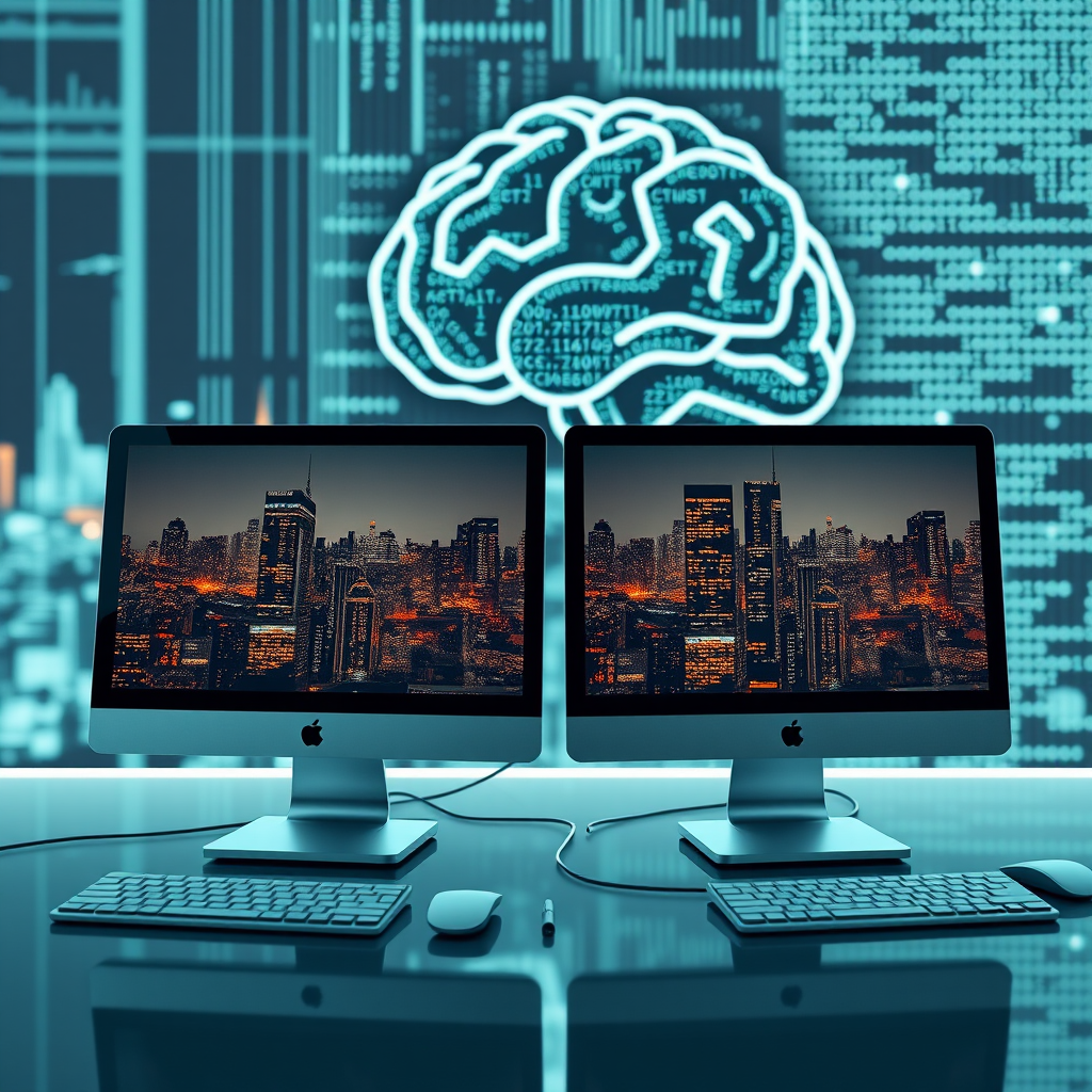 Create a futuristic digital workspace featuring two modern computers with city skyline reflections on their screens, a stylized brain made of code in the background, shot with a DSLR camera at f/1.8, ISO 100, 50mm lens, with a shallow depth of field and a balanced exposure to enhance clarity and detail.