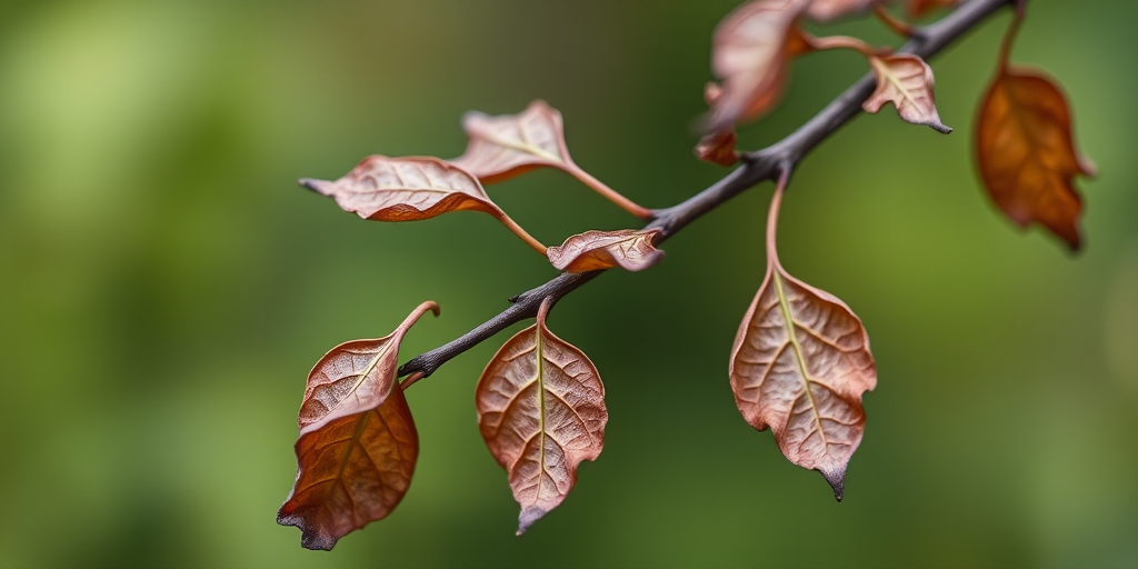 Close-up shot of dried leaves on a branch with a blurred green background, using a macro lens, aperture f/2.8, shutter speed 1/200s, ISO 100, taken with a DSLR camera.