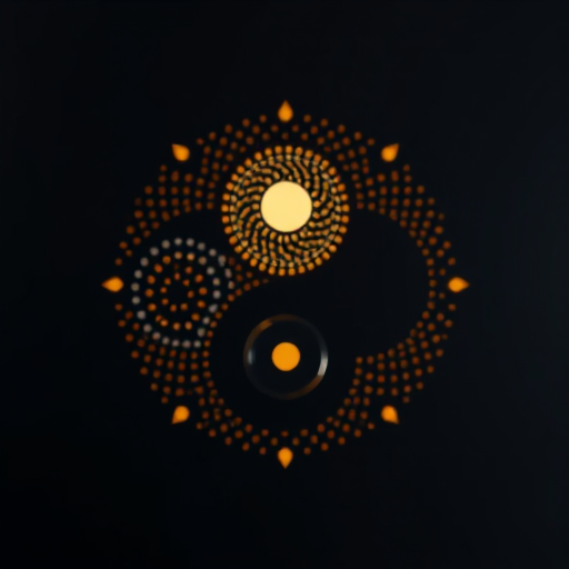 Create a high-resolution image of a yin-yang symbol made of intricate dot patterns and geometric shapes on a dark background, shot with a Canon EOS R5 at f/2.8, ISO 100, 50mm lens, using a soft focus photography style.