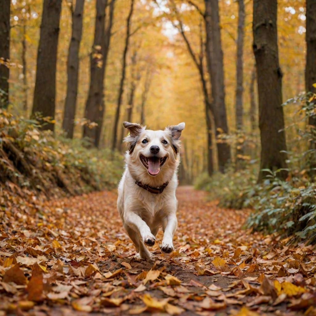 A happy dog running through a forest path during autumn with vibrant leaves, captured with a DSLR camera, 50mm lens, f/2.8 aperture, ISO 200, shutter speed 1/500s, low angle view, soft focus background for dramatic effect.
