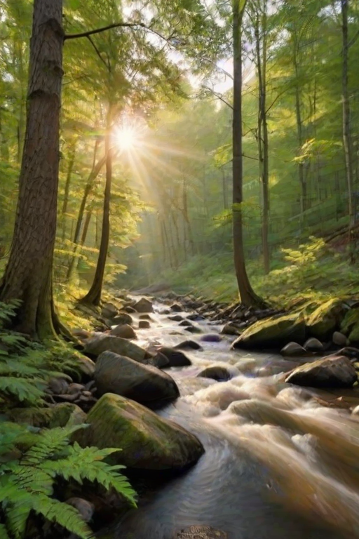 Create an image of a serene, sunlit forest scene with a clear, gently flowing river. Tall trees with lush green foliage line both sides of the river, their leaves bathed in the warm golden light of the setting or rising sun. The sunlight filters through the trees, casting soft, dappled light on the river, which flows over smooth rocks and pebbles, creating a peaceful, natural atmosphere. The sky is bright with a few scattered clouds, and the overall mood is tranquil, evoking a deep sense of connection with nature. The image captures the beauty of a calm, pristine forest landscape at either dawn or dusk.