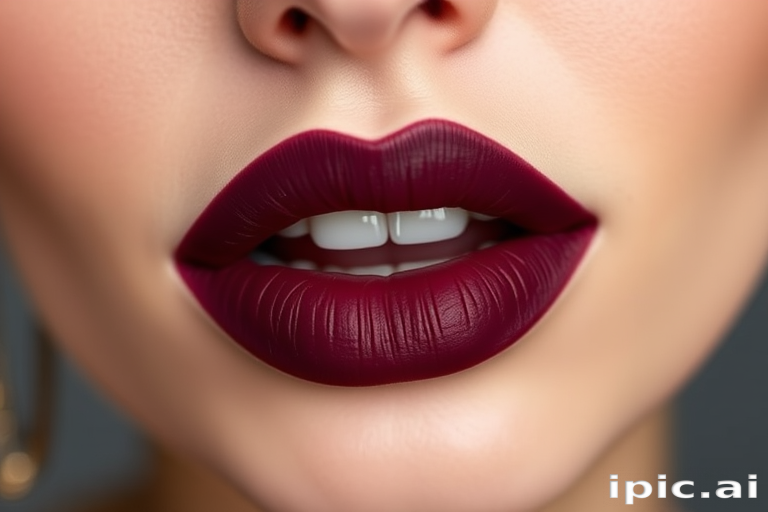 Velvet-matte plum lips, called "Mulberry Wine," provide a rich, deep color and a soft, velvety texture that feels lightweight on the lips