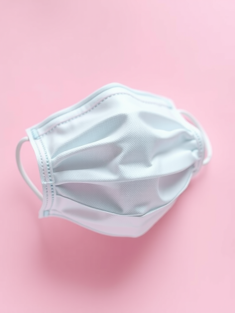 create a high-resolution vector illustration of a surgical mask on a light pink background, focus on details of the mask texture and layers, use a soft focus lens, employ a shallow depth of field, set aperture to f/4, ISO 100, and a 35mm lens.
